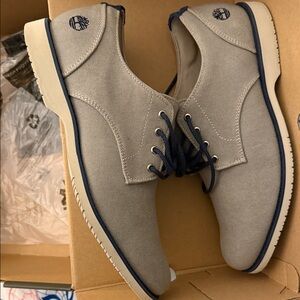 Timberland Men’s Light Gray Canvas Derby Shoes with Navy Trim